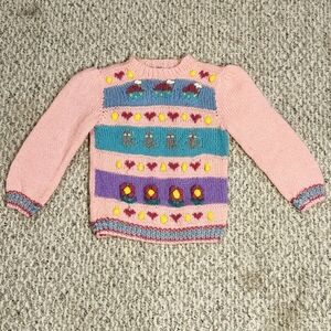 Vintage Popsicle Sweater 3D Knit Cats Flowers Hearts Girl's Size 7 Pink 80's EUC